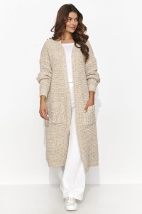 Damski sweter otwarty z kieszeniami beżowy - Jeden rozmiar