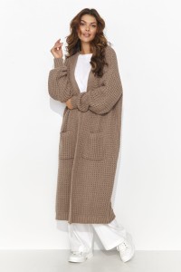 Damski sweter otwarty z kieszeniami cappuccino - Jeden rozmiar